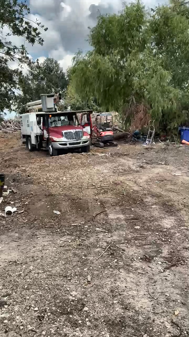 Squirrel Tree Services bucket truck and crew equipment at a Houston tree project