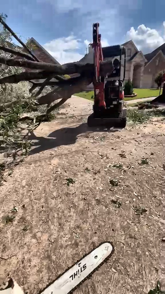 Squirrel Tree Services equipment moving a large cut tree section in Houston